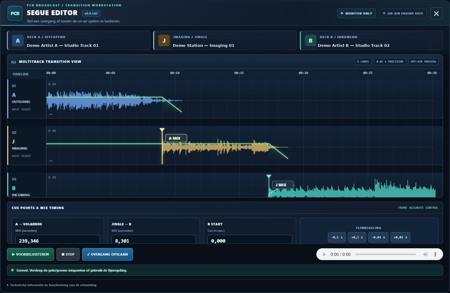 PCR Broadcast Segue Editor met drie audiosporen en mixpunten; namen en privégegevens zijn vervangen door fictieve demogegevens